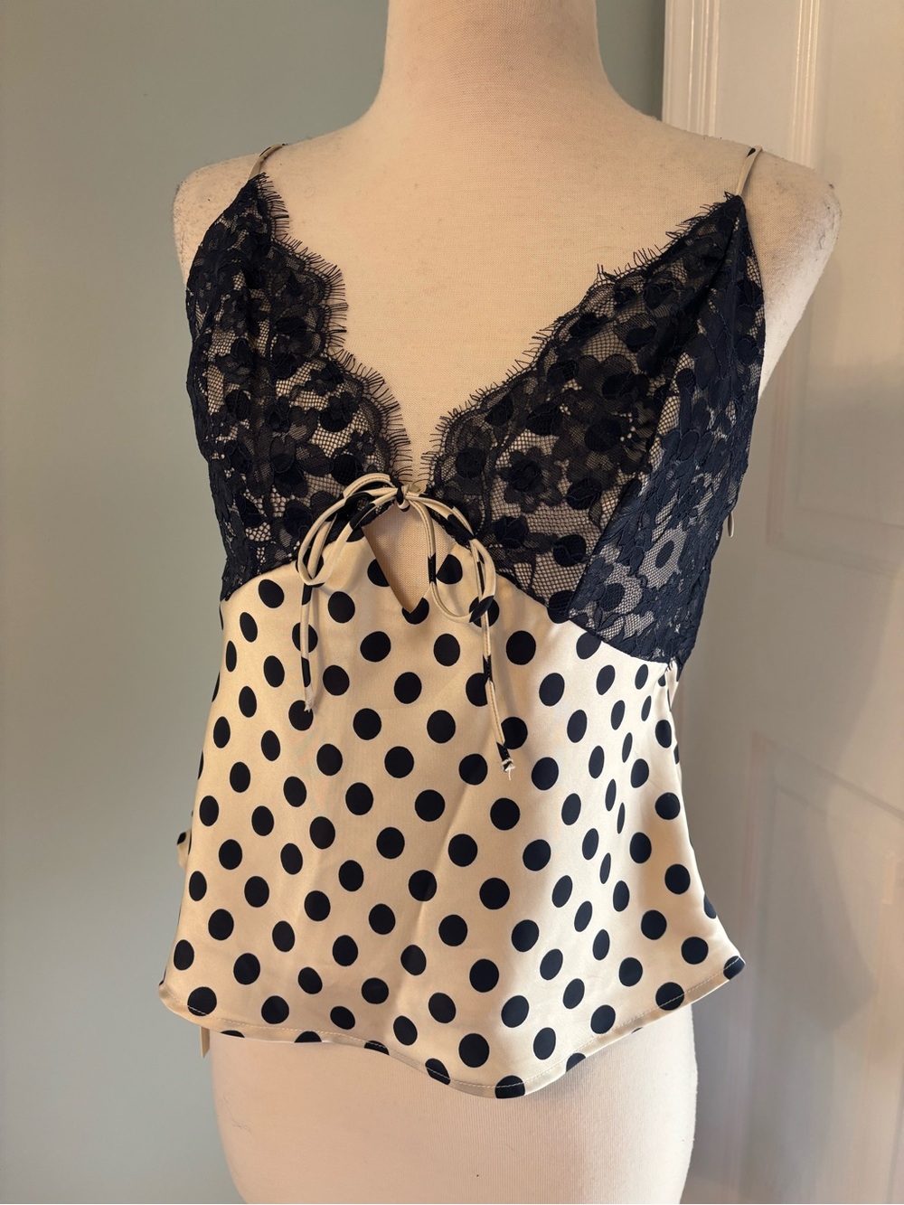 Navy Lace & Ivory Polka Dot Satin Cami